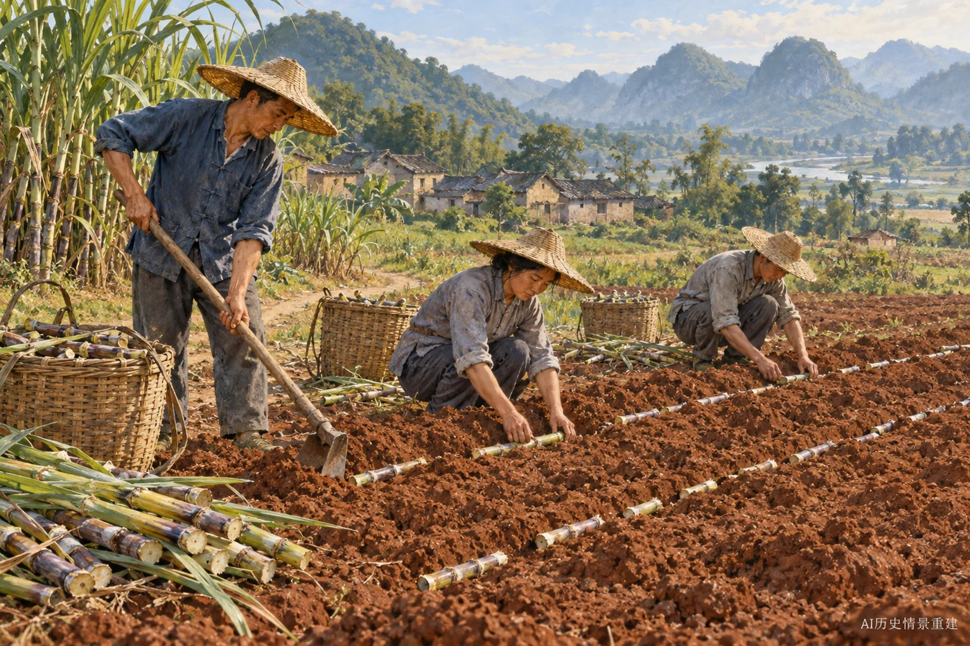 图1｜AI历史情景重建：1950年代广西种茎下种的说明性场景。木柄锄、蔗段和竹筐用于呈现工序；不是档案照片，不对应已查明的农场、品种或某一次开垦事件。