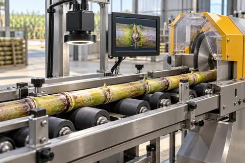 机器视觉蔗种芽位识别与切段线 / Machine-vision bud detection and seed-cane cutting — AI-generated concept