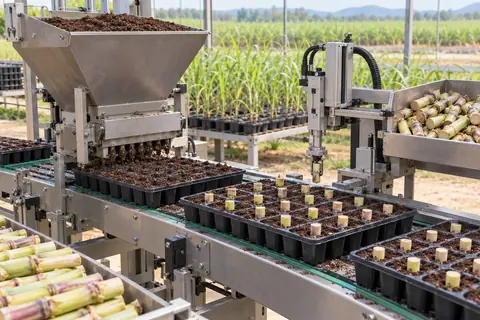穴盘填料与单芽精量播种线 / Precision plug-tray filling and bud placement — AI-generated concept