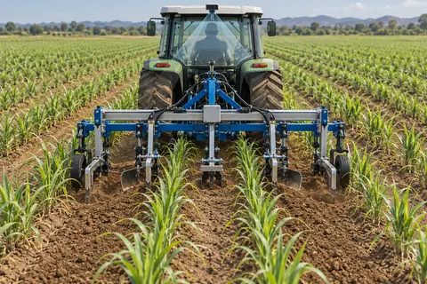 视觉引导行间中耕机 / Vision-guided inter-row cultivator — AI-generated concept
