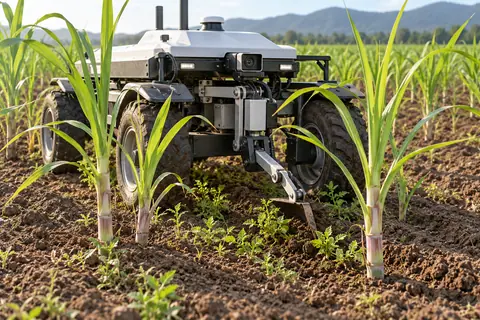 行内机械除草机器人 / In-row robotic weeder — AI-generated concept