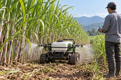 窄体履带遥控植保机 / Narrow tracked remote-control sprayer — AI-generated concept