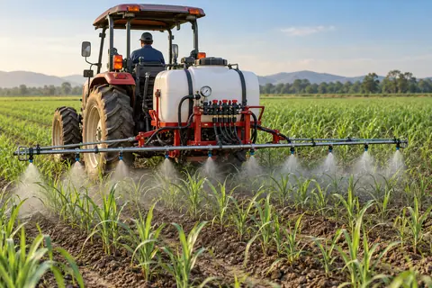 拖拉机挂载精准喷杆机 / Tractor-mounted precision boom sprayer — AI-generated concept