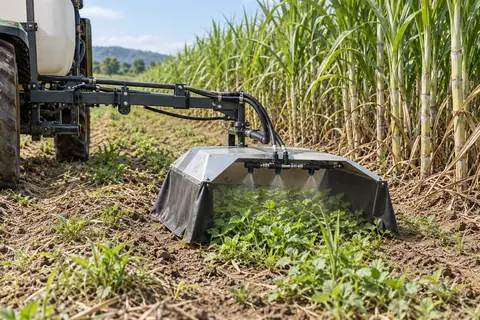 行间定向防飘移喷施机 / Shielded directional spraying — AI-generated concept