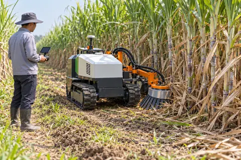 窄行遥控剥叶机 / Narrow-row remote-control detrasher — AI-generated concept