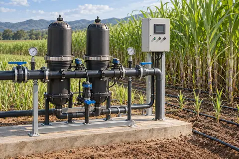 滴灌过滤与压差自动反洗设备 / Automatic irrigation filtration and backwashing — AI-generated concept