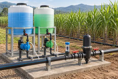 水肥比例配制与注入系统 / Fertilizer mixing and proportional injection — AI-generated concept