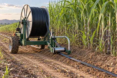 灌溉管线铺设与回收机 / Irrigation-line laying and retrieval — AI-generated concept