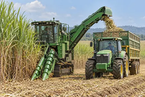 收割机与转运车协同作业 / Harvester and infield transporter coordination — AI-generated concept
