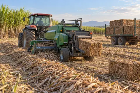 蔗叶打捆与田间转运机 / Cane-trash baling and transport — AI-generated concept