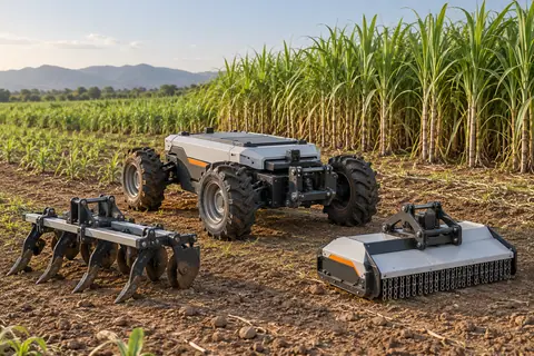 可换装多任务电驱底盘 / Modular electric agricultural chassis — AI-generated concept
