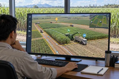 甘蔗农场数字孪生与作业仿真 / Sugarcane-farm digital twin and simulation — AI-generated concept